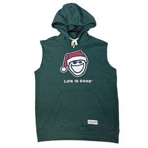 Life Is Good‎ Mens Santa Christmas Green Hoodie Fleece Pullover Size L Holiday